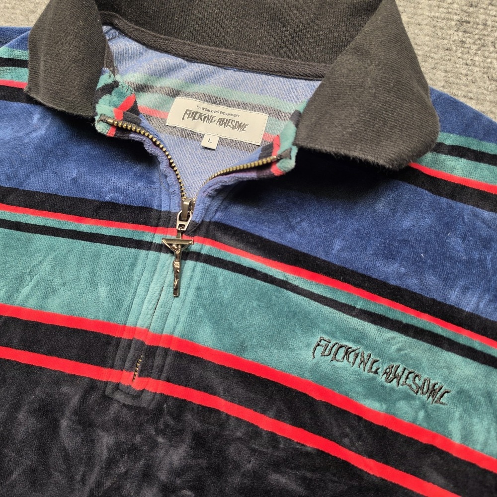 F**king Awesome Block Stripe Velour 1/4 Zip Pullover Polo Shirt Men's Large